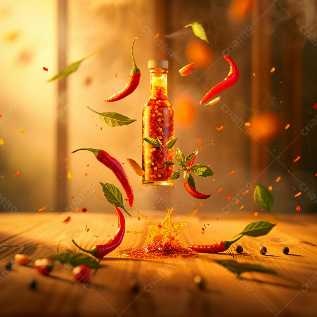 Garrafa de óleo de pimenta com pimentas vermelhas