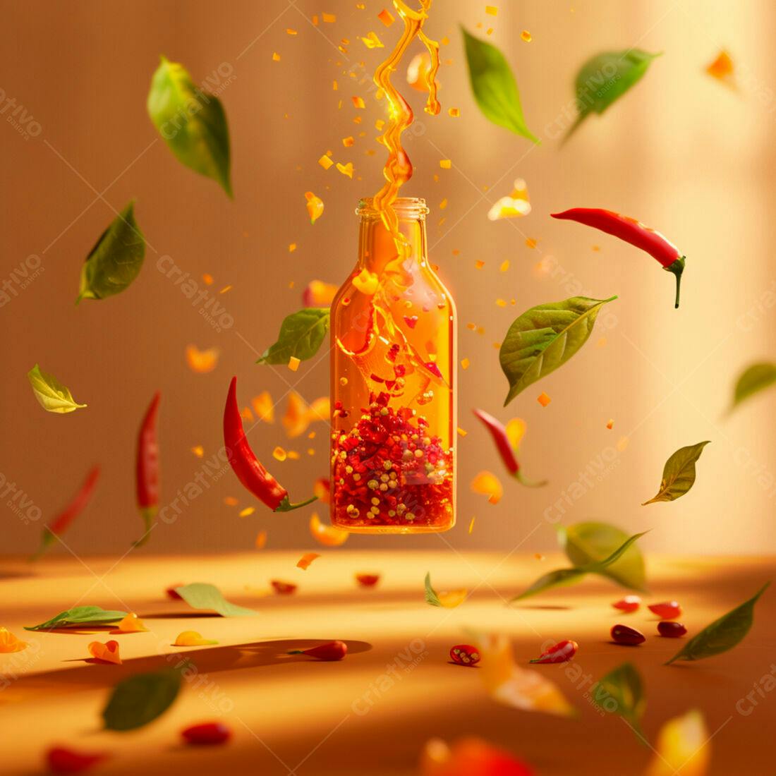 Garrafa de molho de pimenta com pimentas e folhas