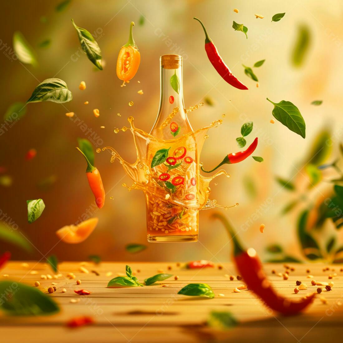 Garrafa com óleo de pimenta e manjericão