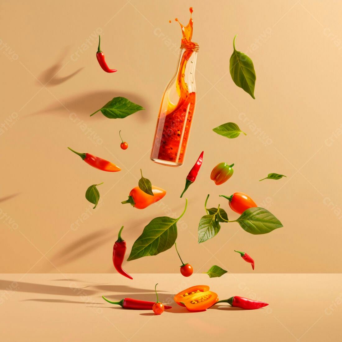 Molho de pimenta picante em garrafa com pimentas