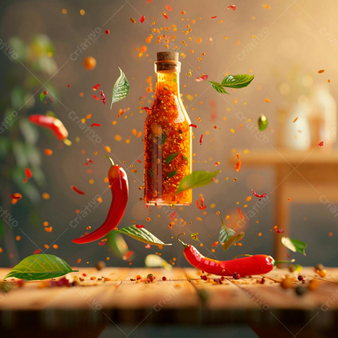 Molho de pimenta em garrafa com pimentas e ervas