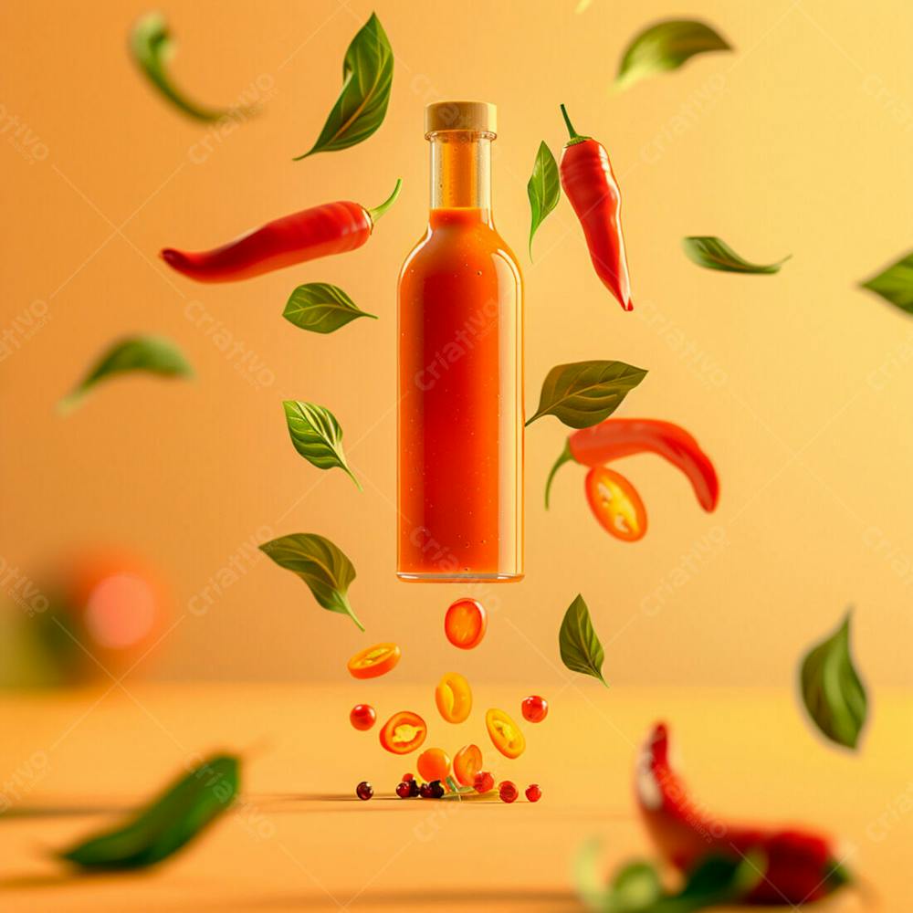 Embalagem De Molho De Pimenta Sem Rótulo Com Folhas E Pimentas 60
