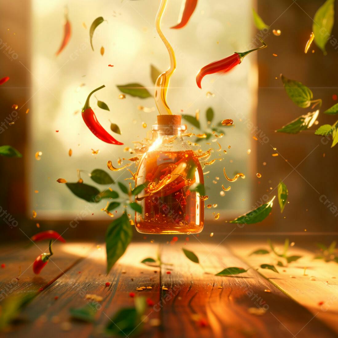 Óleo de pimenta em frasco com pimentas vermelhas