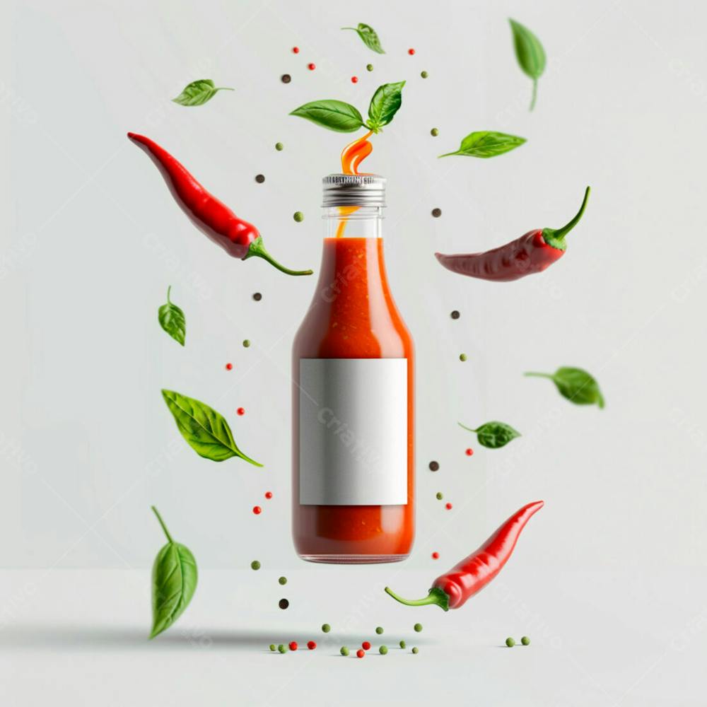 Embalagem De Molho De Pimenta Com Rótulo Em Branco Com Folhas E Pimentas 4
