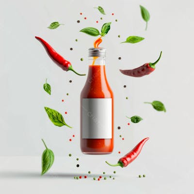 Embalagem De Molho De Pimenta Com Rótulo Em Branco Com Folhas E Pimentas 4