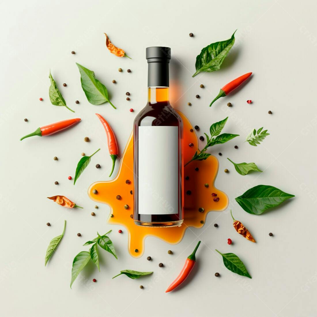 Garrafa de molho com pimenta e ervas