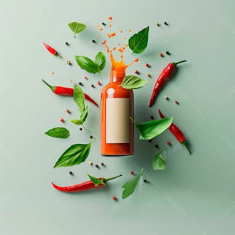 Embalagem de molho de pimenta com rótulo em branco com folhas e pimentas 6