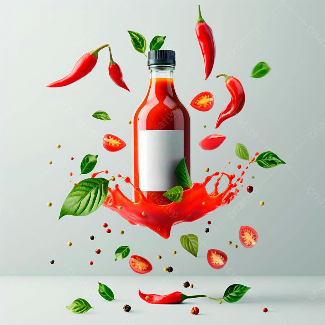 Molho de pimenta picante em garrafa com ingredientes