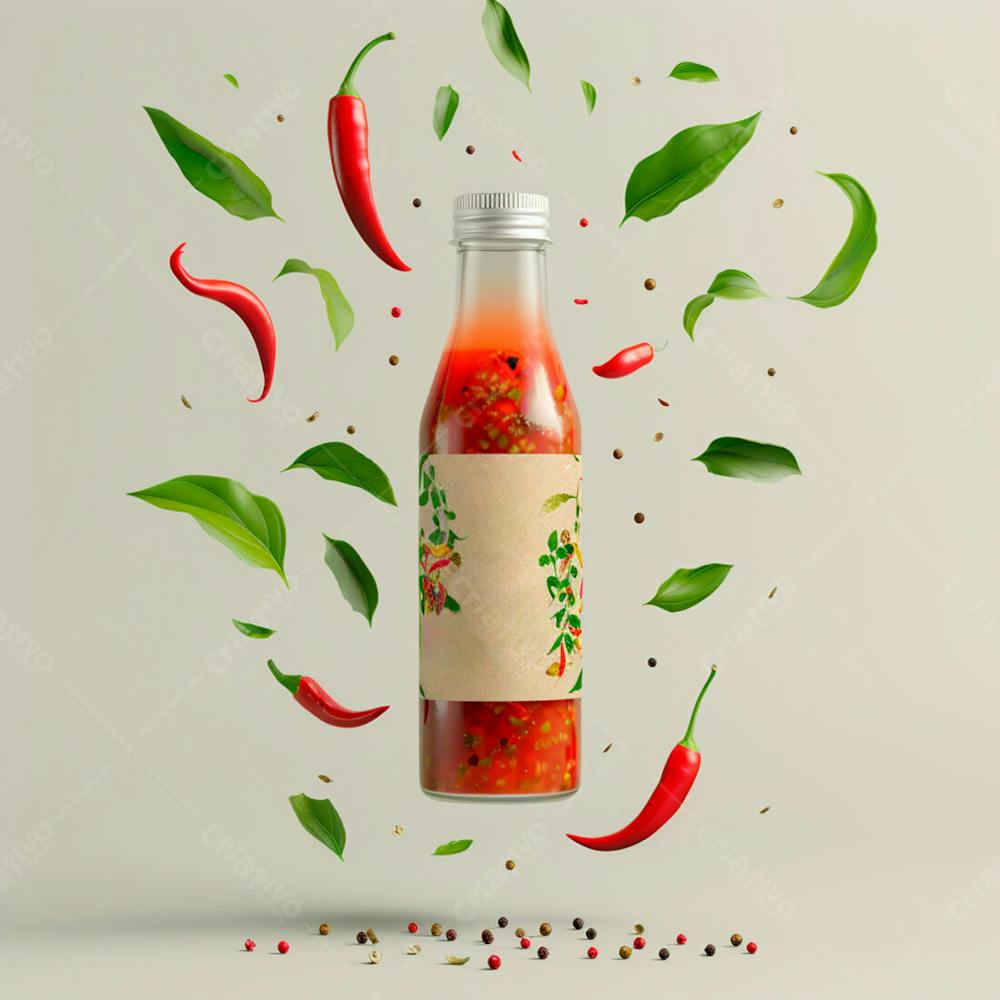 Embalagem De Molho De Pimenta Com Rótulo Em Branco Com Folhas E Pimentas 8