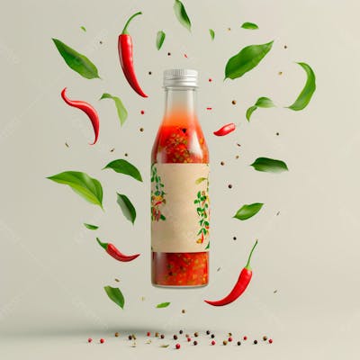 Embalagem De Molho De Pimenta Com Rótulo Em Branco Com Folhas E Pimentas 8
