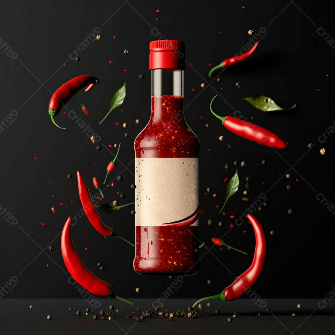 Molho de pimenta vermelho em garrafa com pimentas