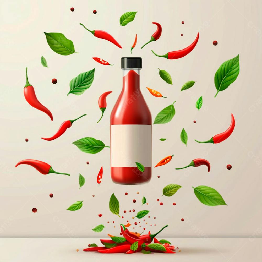 Embalagem De Molho De Pimenta Com Rótulo Em Branco Com Folhas E Pimentas 10