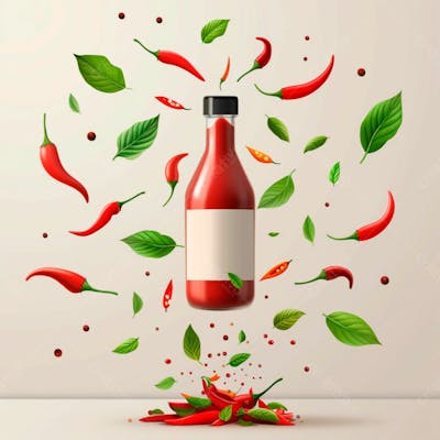 Embalagem De Molho De Pimenta Com Rótulo Em Branco Com Folhas E Pimentas 10