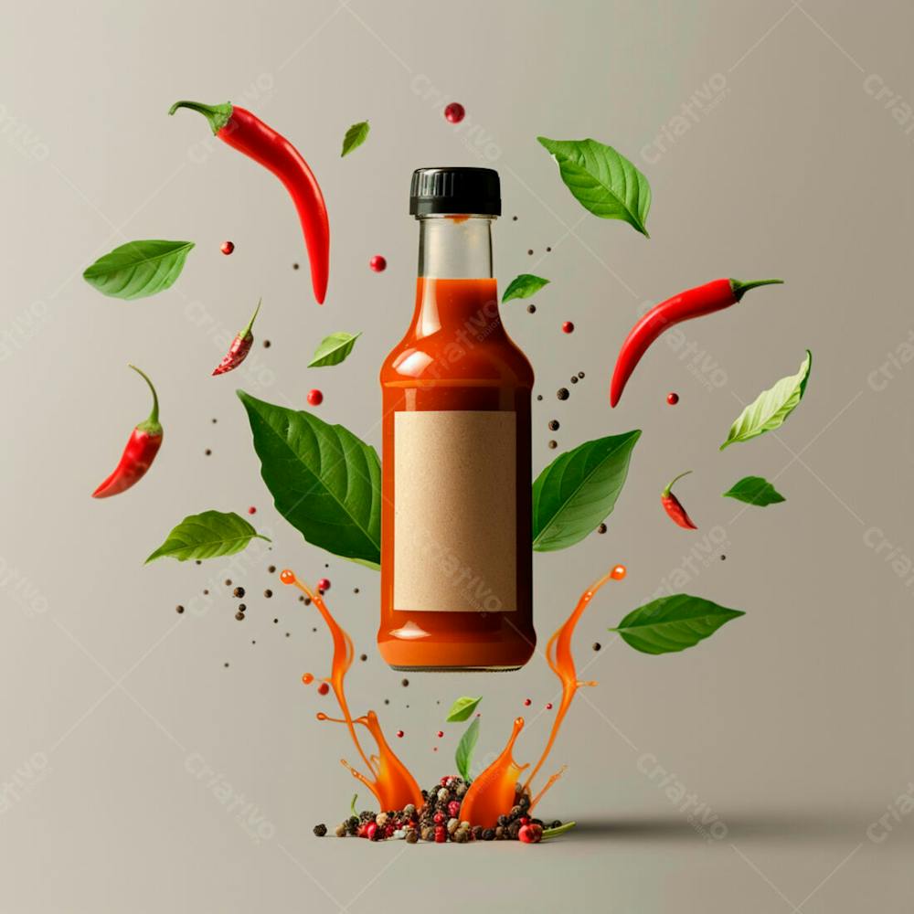 Embalagem De Molho De Pimenta Com Rótulo Em Branco Com Folhas E Pimentas 11