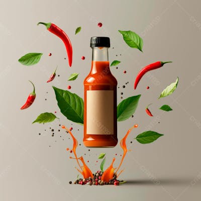 Embalagem De Molho De Pimenta Com Rótulo Em Branco Com Folhas E Pimentas 11