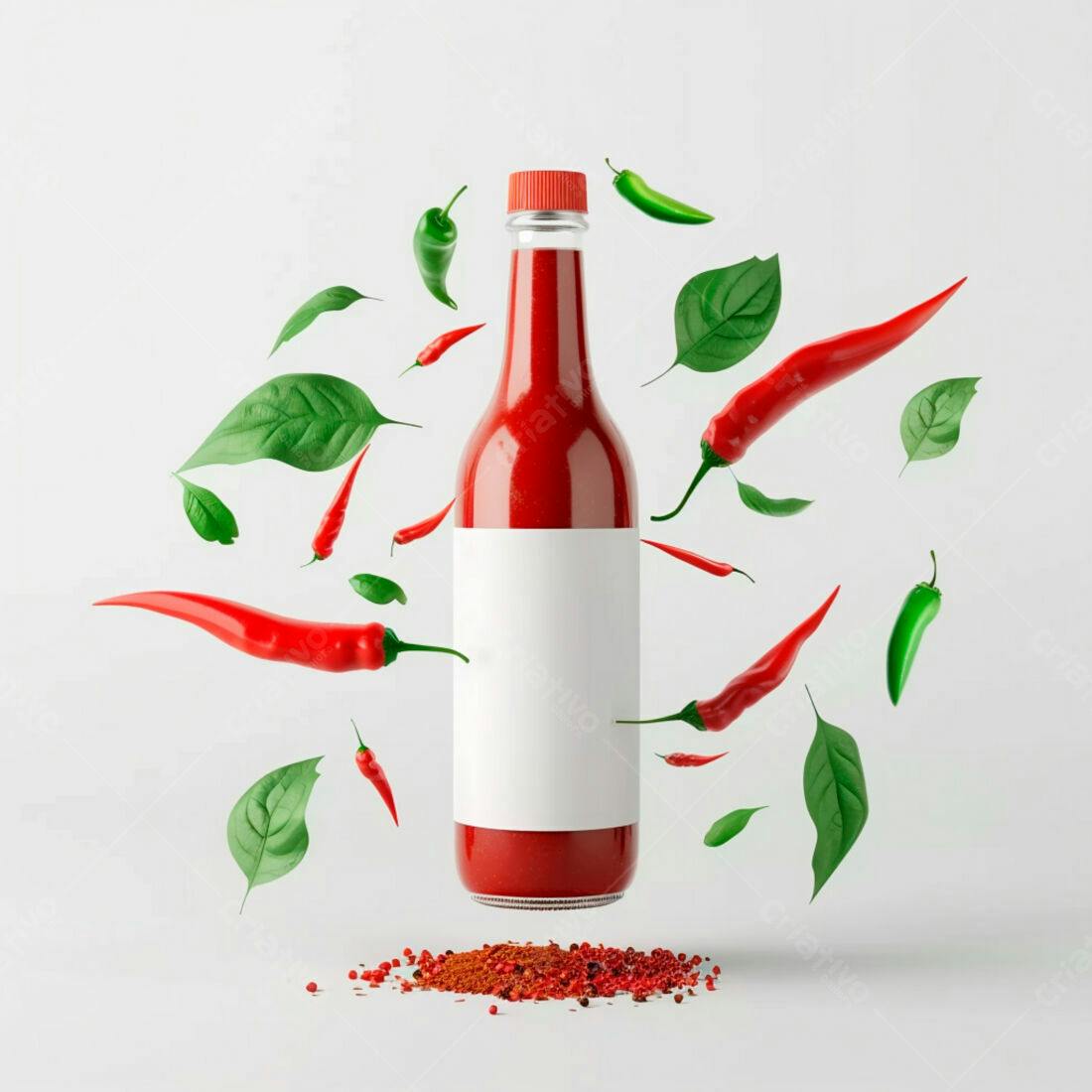 Molho de pimenta vermelho com pimentas e folhas