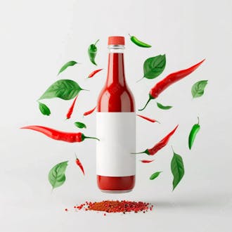 Embalagem de molho de pimenta com rótulo em branco com folhas e pimentas 12