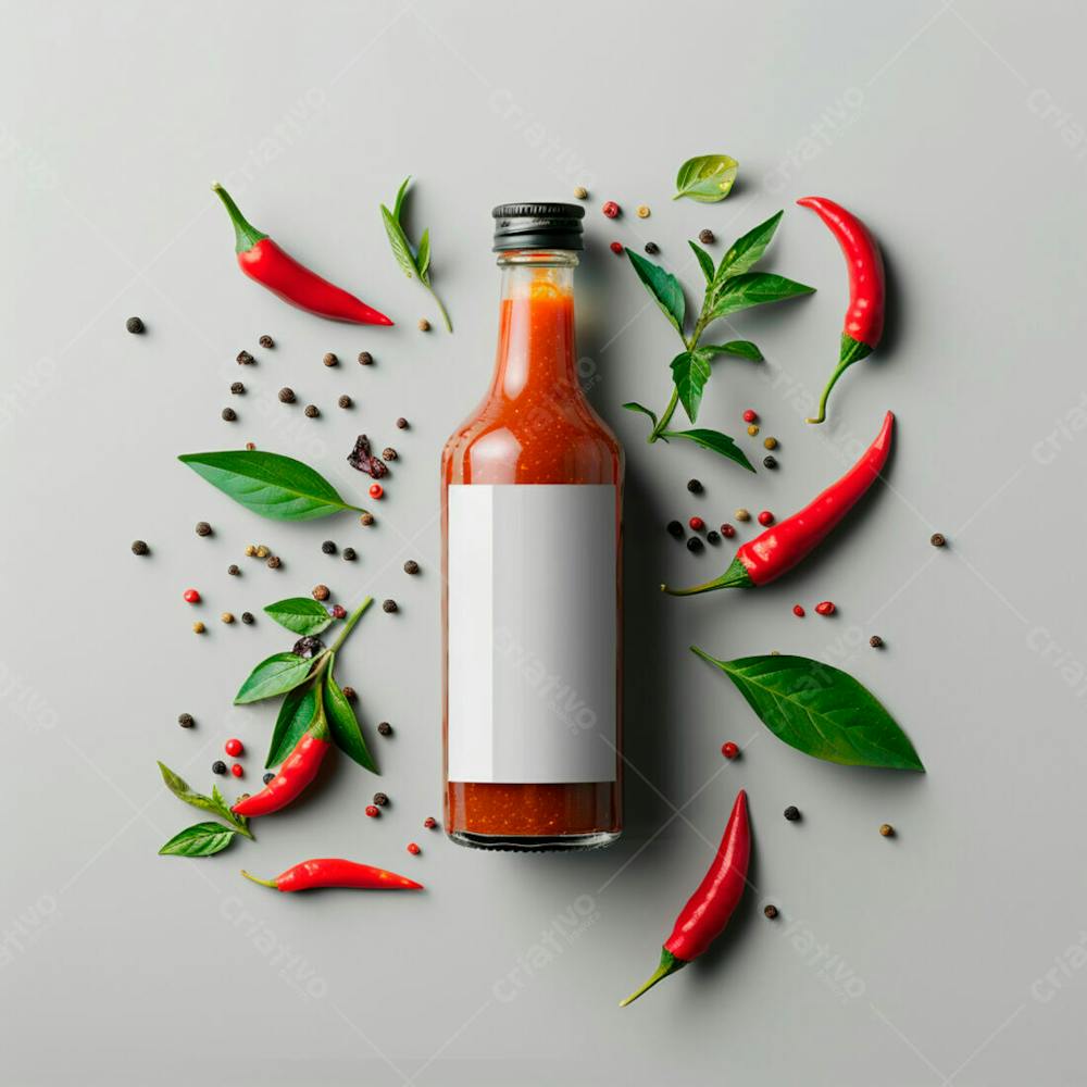 Embalagem De Molho De Pimenta Com Rótulo Em Branco Com Folhas E Pimentas 13