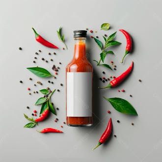Embalagem de molho de pimenta com rótulo em branco com folhas e pimentas 13