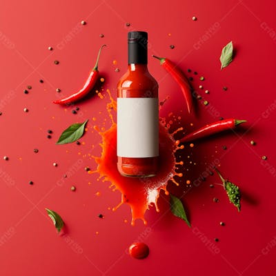 Embalagem De Molho De Pimenta Com Rótulo Em Branco Com Folhas E Pimentas 14