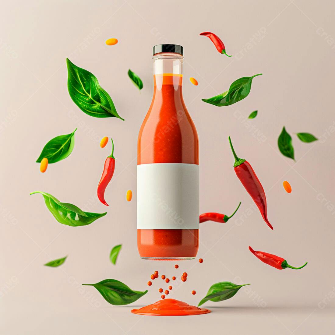Molho picante em garrafa com pimenta e manjericão
