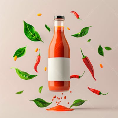 Embalagem De Molho De Pimenta Com Rótulo Em Branco Com Folhas E Pimentas 15