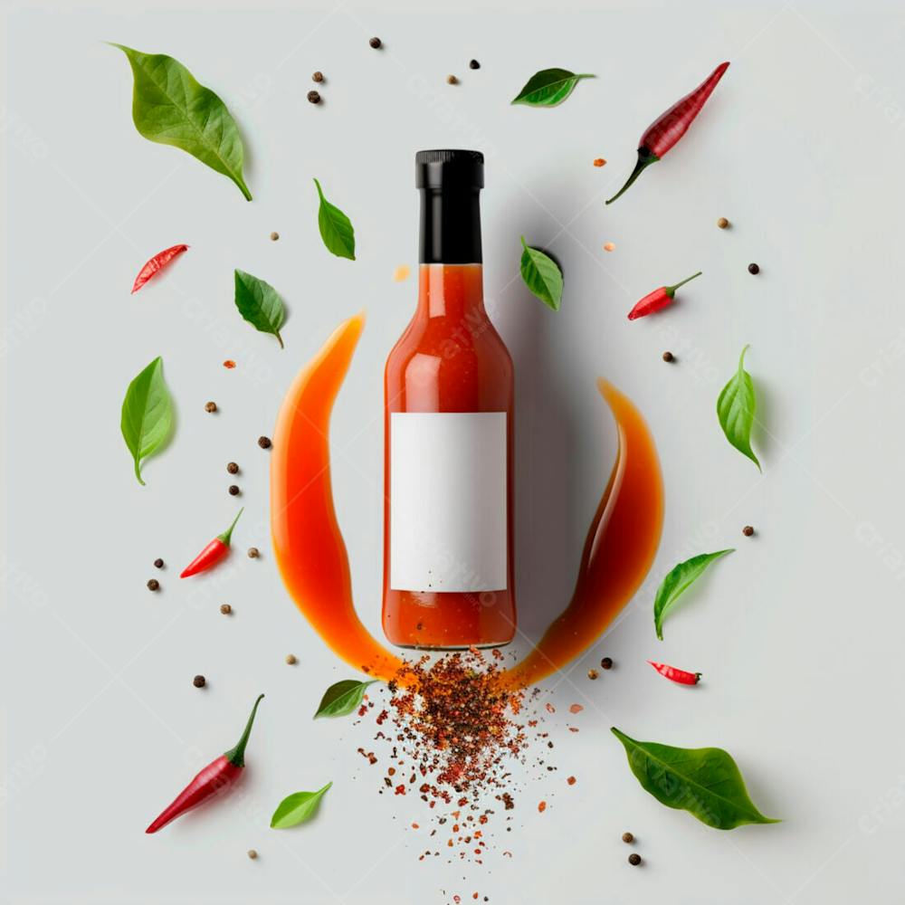 Embalagem De Molho De Pimenta Com Rótulo Em Branco Com Folhas E Pimentas 16