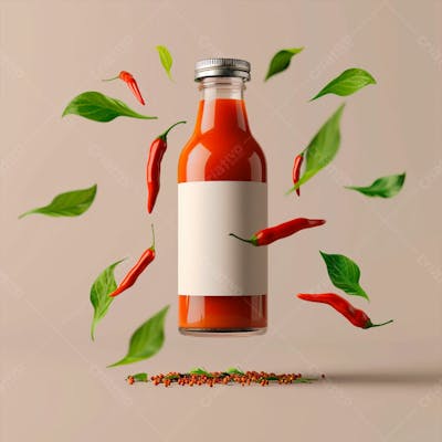 Embalagem De Molho De Pimenta Com Rótulo Em Branco Com Folhas E Pimentas 18