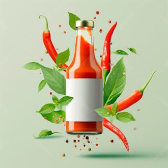 Embalagem de molho de pimenta com rótulo em branco com folhas e pimentas 19