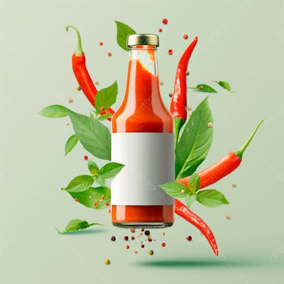 Embalagem De Molho De Pimenta Com Rótulo Em Branco Com Folhas E Pimentas 19
