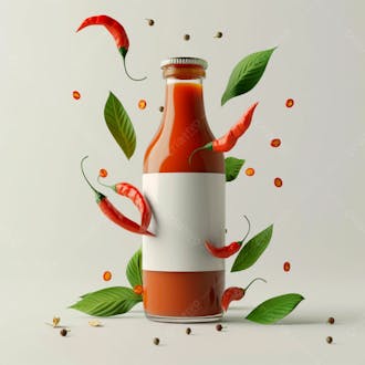 Embalagem de molho de pimenta com rótulo em branco com folhas e pimentas 20
