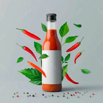 Embalagem de molho de pimenta com rótulo em branco com folhas e pimentas 22