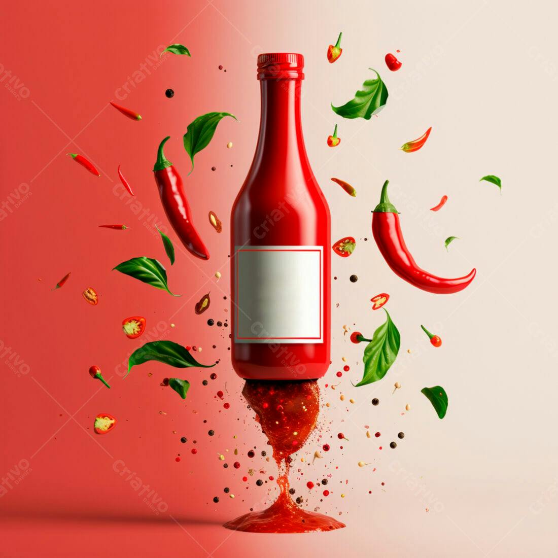 Molho de pimenta vermelho em garrafa com ingredientes