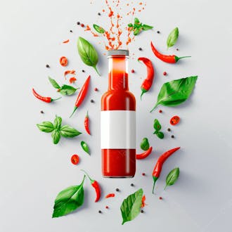 Embalagem de molho de pimenta com rótulo em branco com folhas e pimentas 24