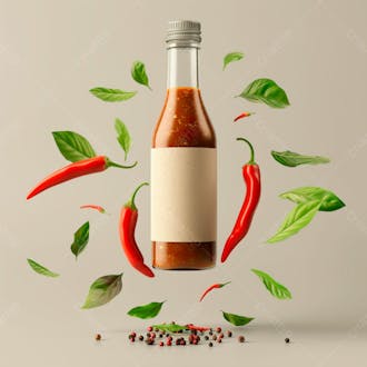 Embalagem de molho de pimenta com rótulo em branco com folhas e pimentas 26
