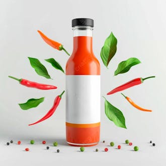Embalagem de molho de pimenta com rótulo em branco com folhas e pimentas 28