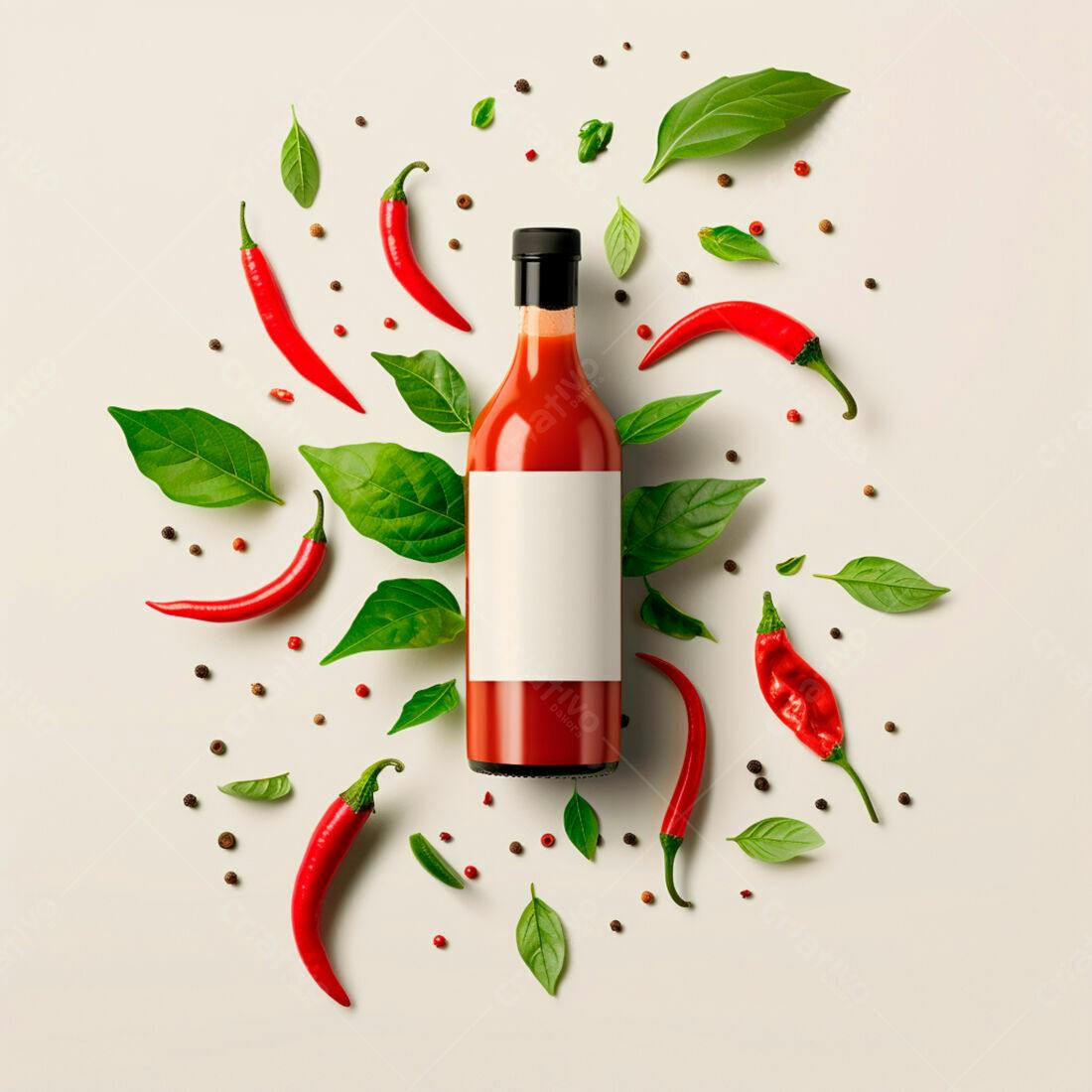 Molho de pimenta em garrafa com pimentas vermelhas