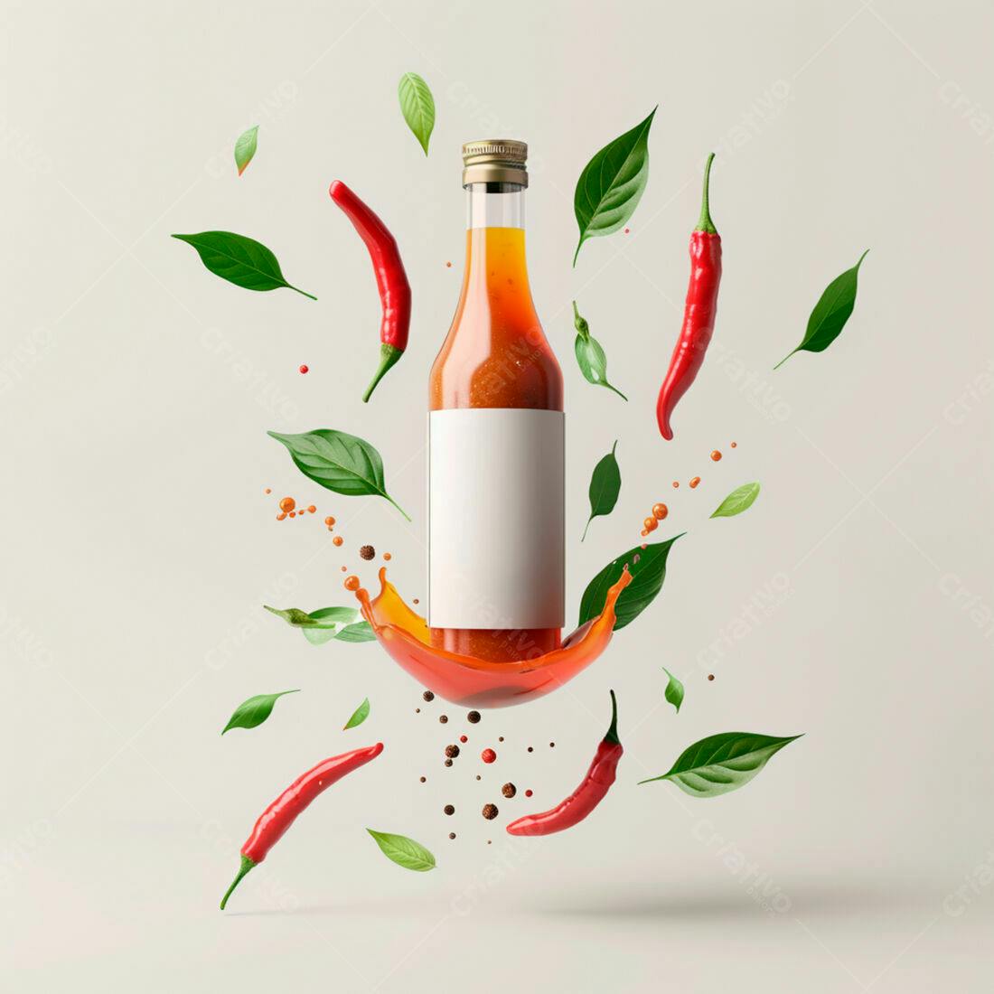Molho de pimenta picante em garrafa com pimenta e folhas