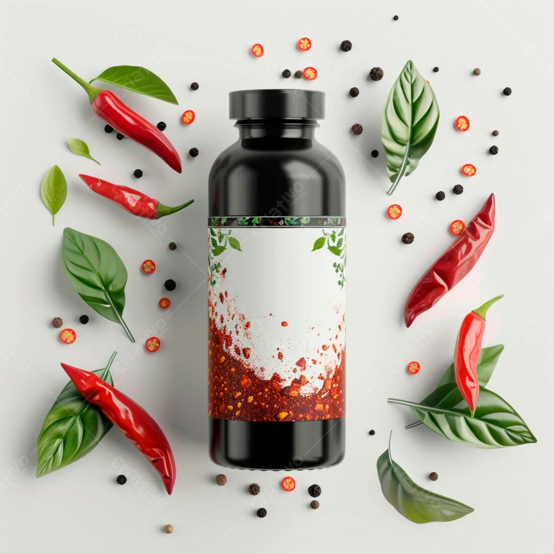 Frasco de tempero picante com pimentas vermelhas