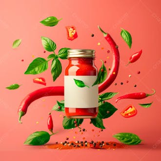 Embalagem de molho de pimenta com rótulo em branco com folhas e pimentas 34