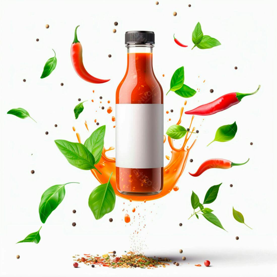 Molho picante em garrafa com pimenta e manjericão