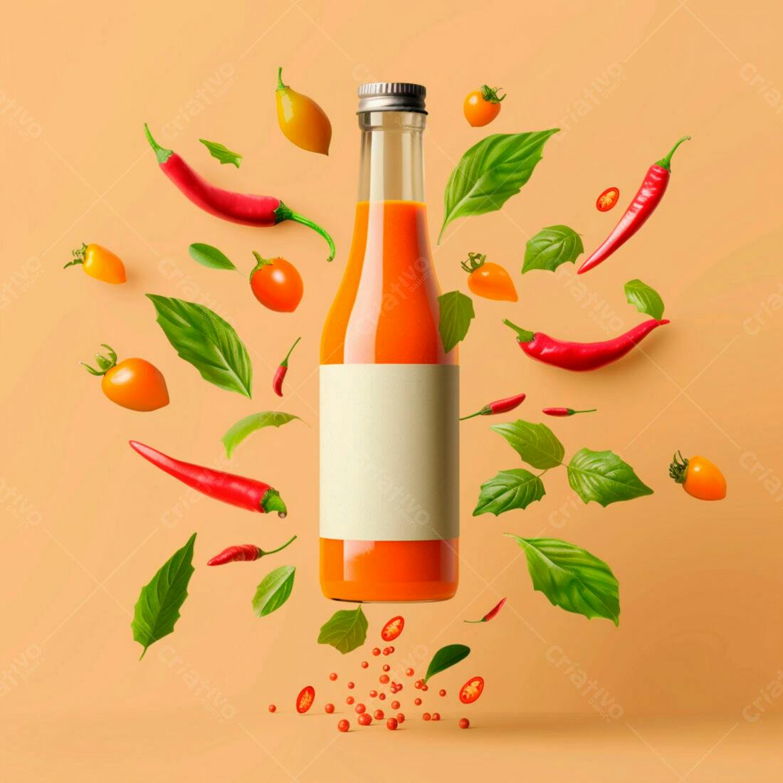 Garrafa de molho picante com pimentas e tomates