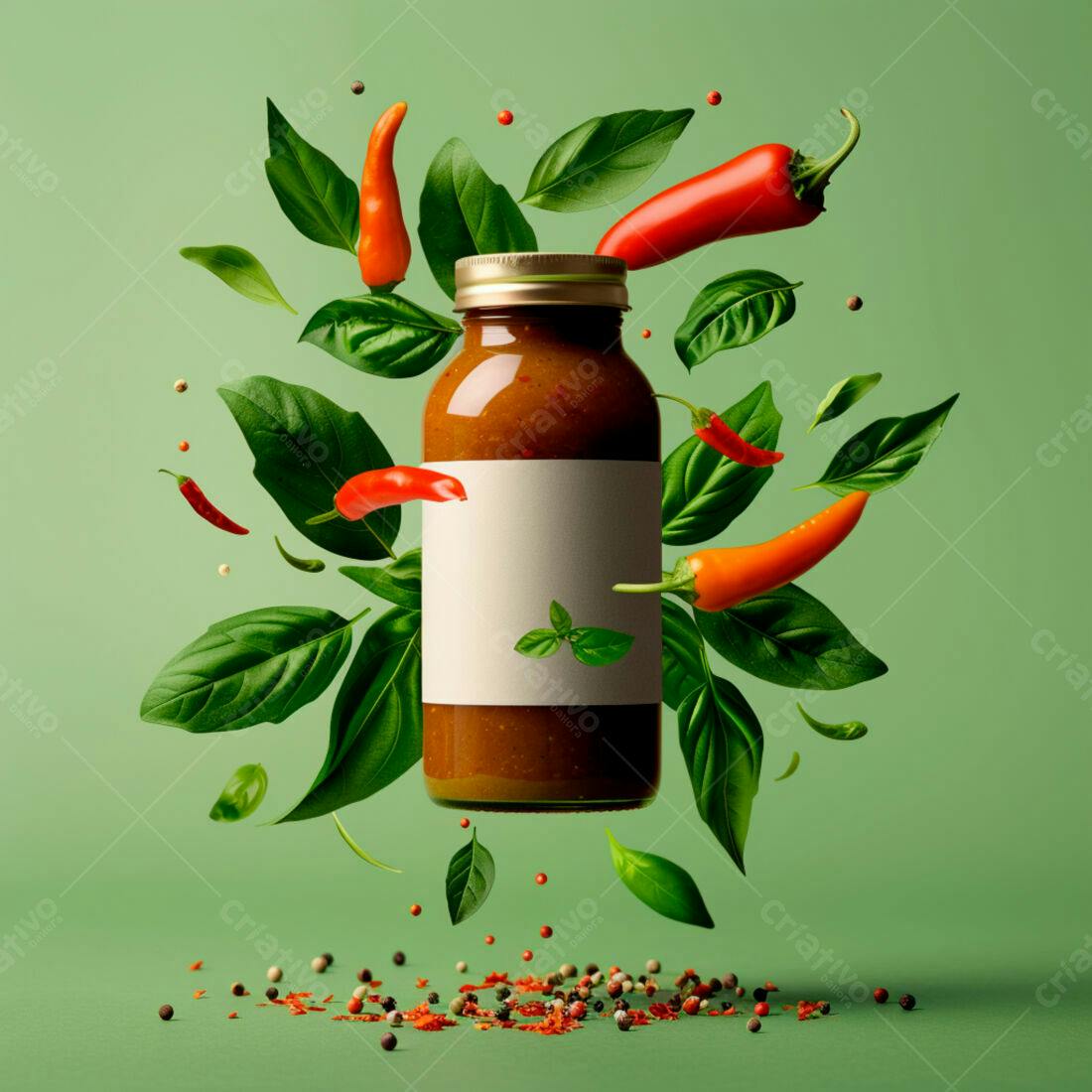 Molho picante em frasco com pimenta e manjericão