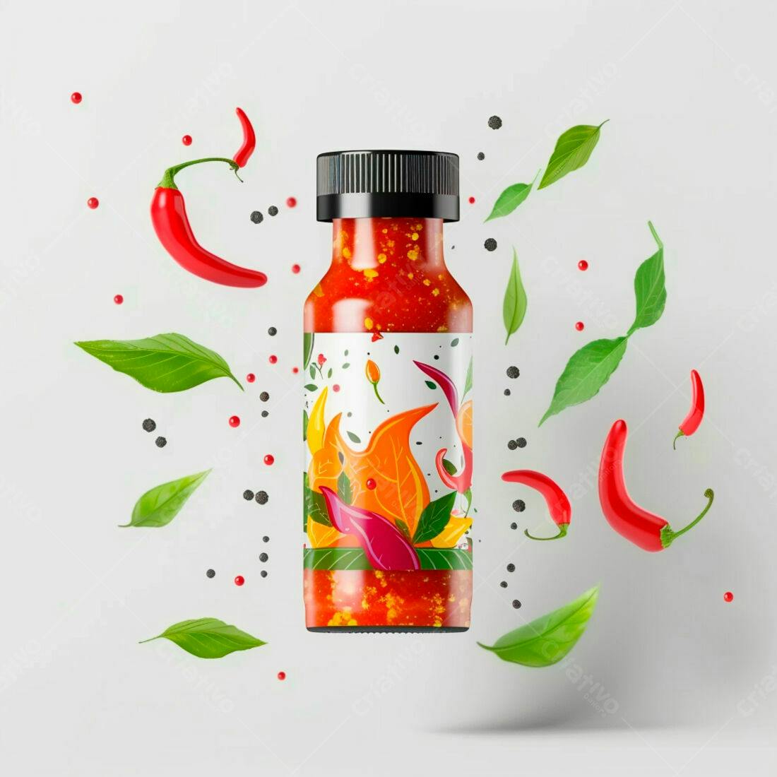 Molho de pimenta picante em garrafa com pimentas