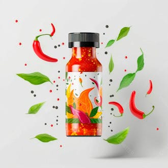 Embalagem de molho de pimenta com rótulo em branco com folhas e pimentas 40