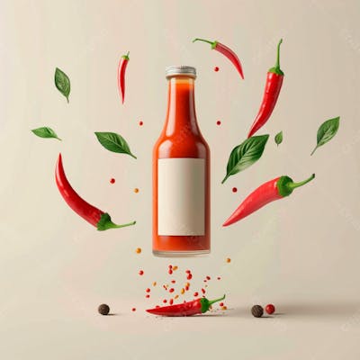 Embalagem De Molho De Pimenta Com Rótulo Em Branco Com Folhas E Pimentas 1