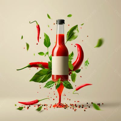 Embalagem De Molho De Pimenta Com Rótulo Em Branco Com Folhas E Pimentas 41