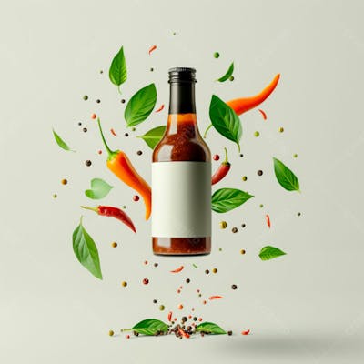 Embalagem De Molho De Pimenta Com Rótulo Em Branco Com Folhas E Pimentas 43