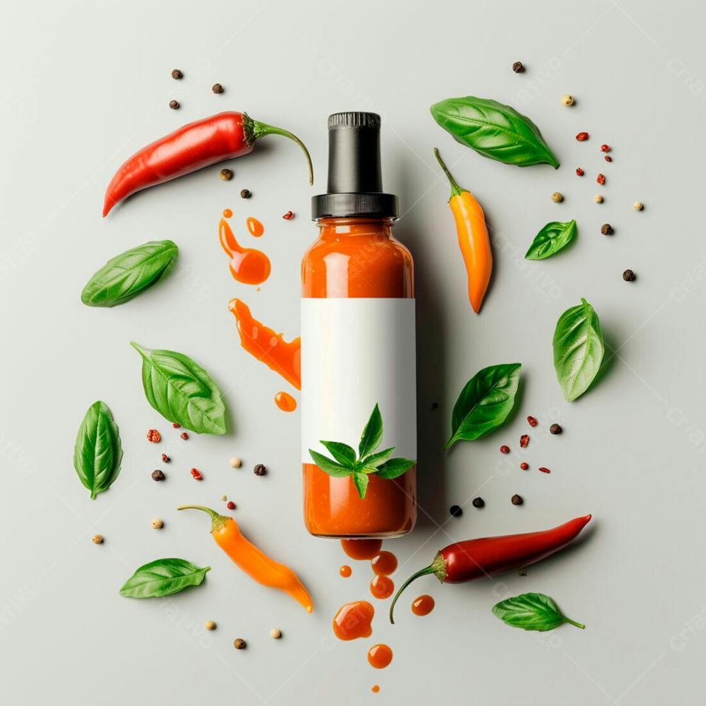 Embalagem De Molho De Pimenta Com Rótulo Em Branco Com Folhas E Pimentas 44