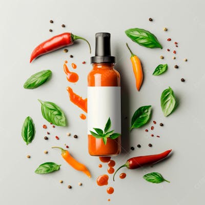 Embalagem De Molho De Pimenta Com Rótulo Em Branco Com Folhas E Pimentas 44